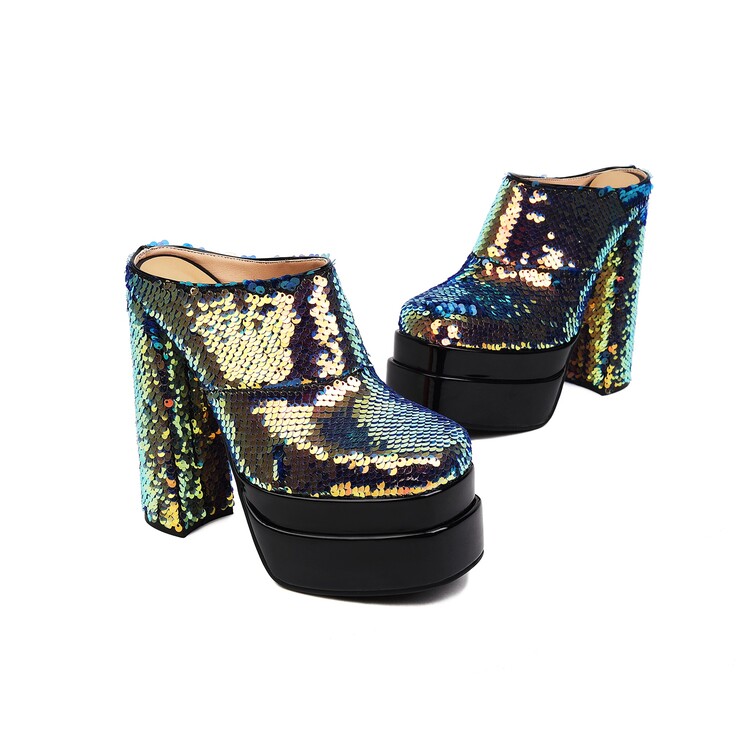 Sequin Chunky Heel Platform Slippers for Women