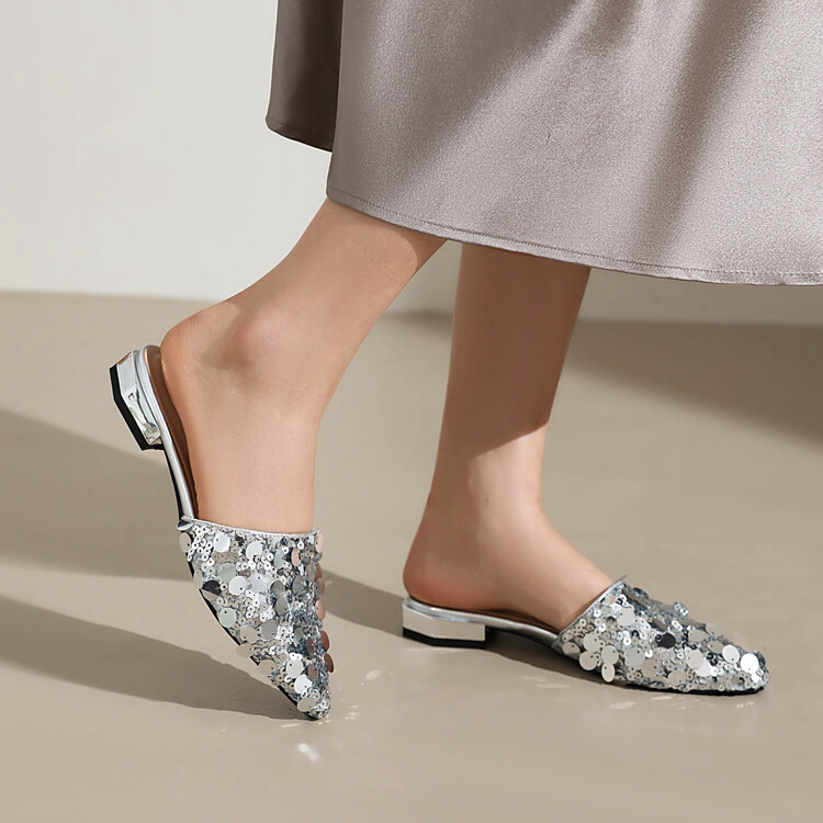 womens-closed-toe-low-chunky-heel-slippers-with-sequins Women's Closed Toe Low Chunky Heel Slippers with Sequins