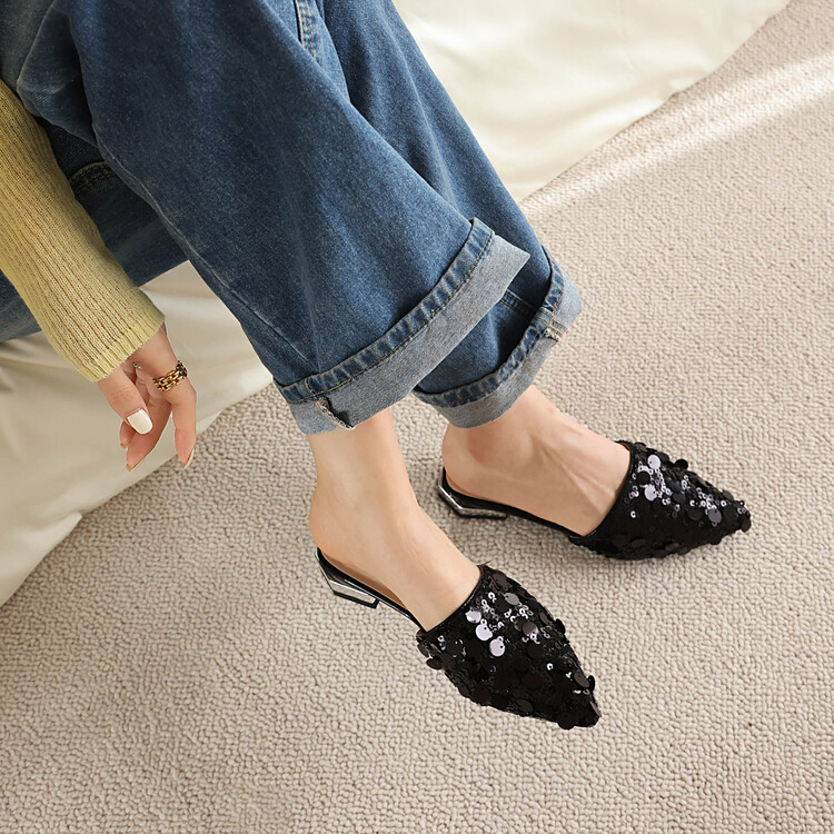 Women's Closed Toe Low Chunky Heel Slippers with Sequins