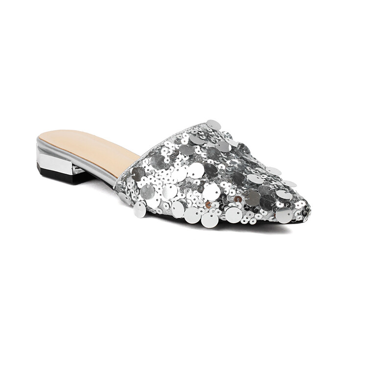 Women's Closed Toe Low Chunky Heel Slippers with Sequins
