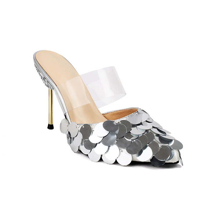Women's Pointed Toe High Heel Slippers with Sequin Embroidery