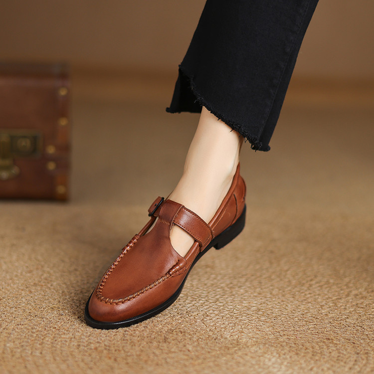 womens-round-toe-low-chunky-heel-flat-shoes-in-genuine-leather Women's Round Toe Low Chunky Heel Flat Shoes in Genuine Leather